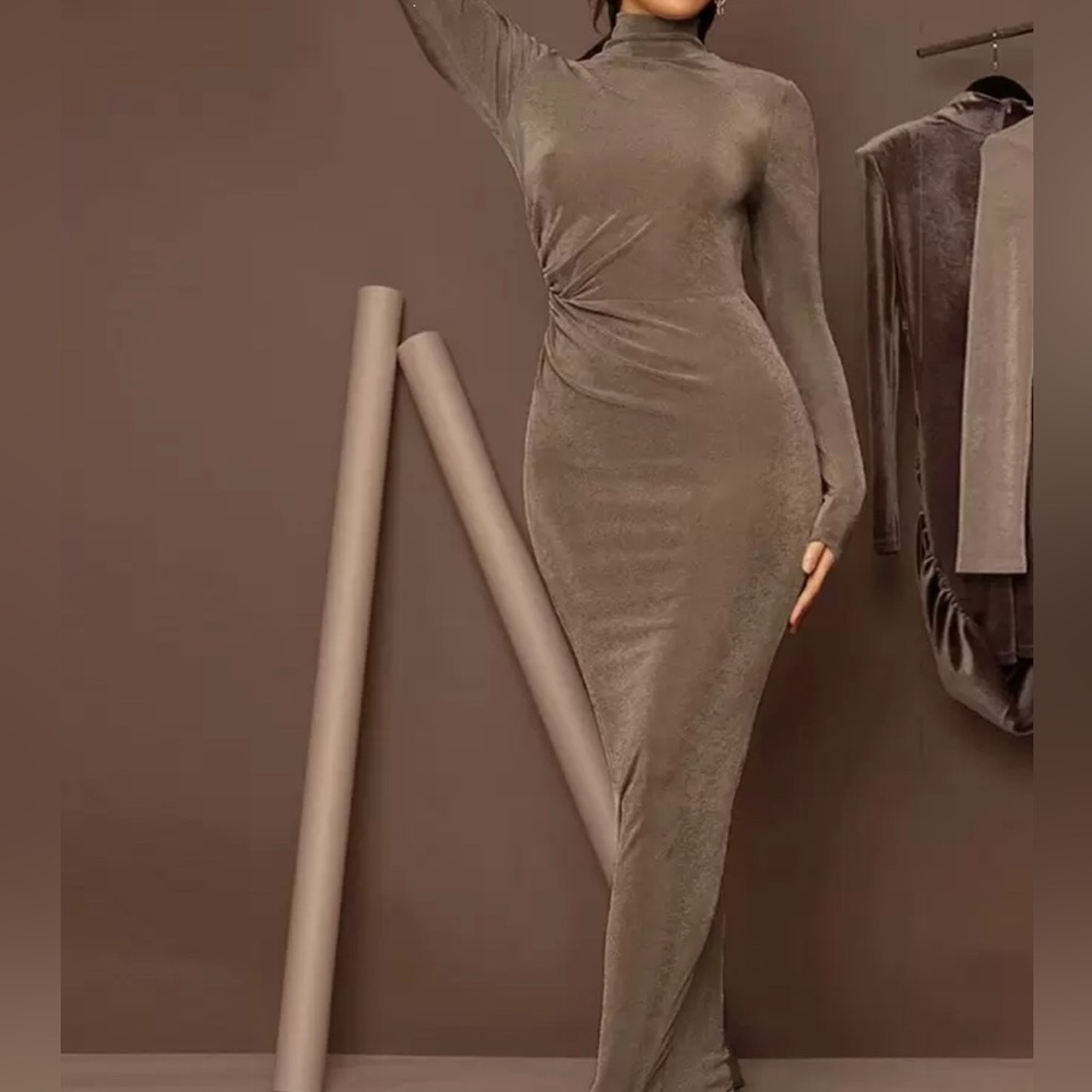 SHEIN Tan/Brown Bodycon Ruched Long Sleeve Dress